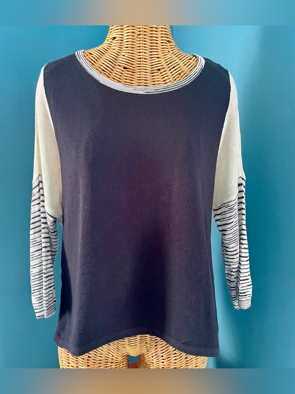 Orvis Pullover Sweater Linen Blend Lightweight Striped 3/4 Sleeve Black Cream